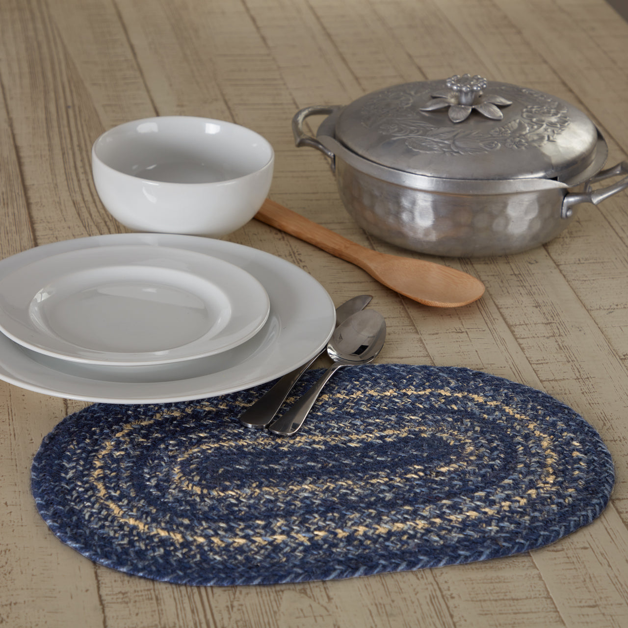 Great Falls Blue Jute Braided Oval Placemat 10"x15" VHC Brands - The Fox Decor
