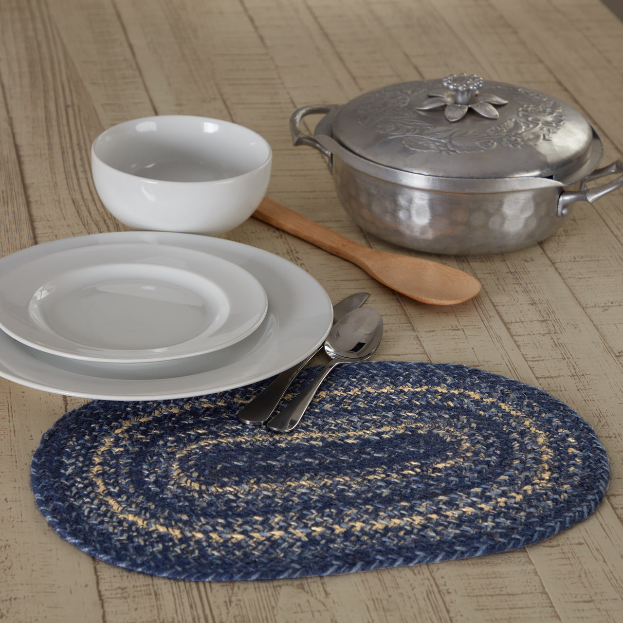 Great Falls Blue Jute Braided Oval Placemat 10"x15" VHC Brands
