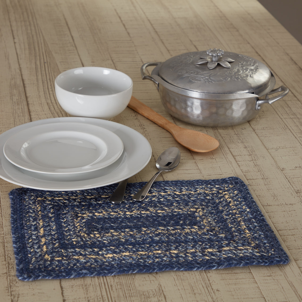 Great Falls Blue Jute Braided Rect Placemat 10"x15" VHC Brands - The Fox Decor