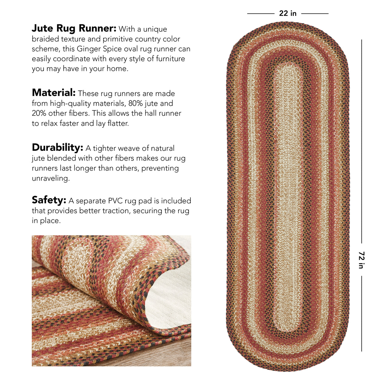 Ginger Spice Jute Braided Rug/Runner Oval with Rug Pad 22"x72" VHC Brands - The Fox Decor