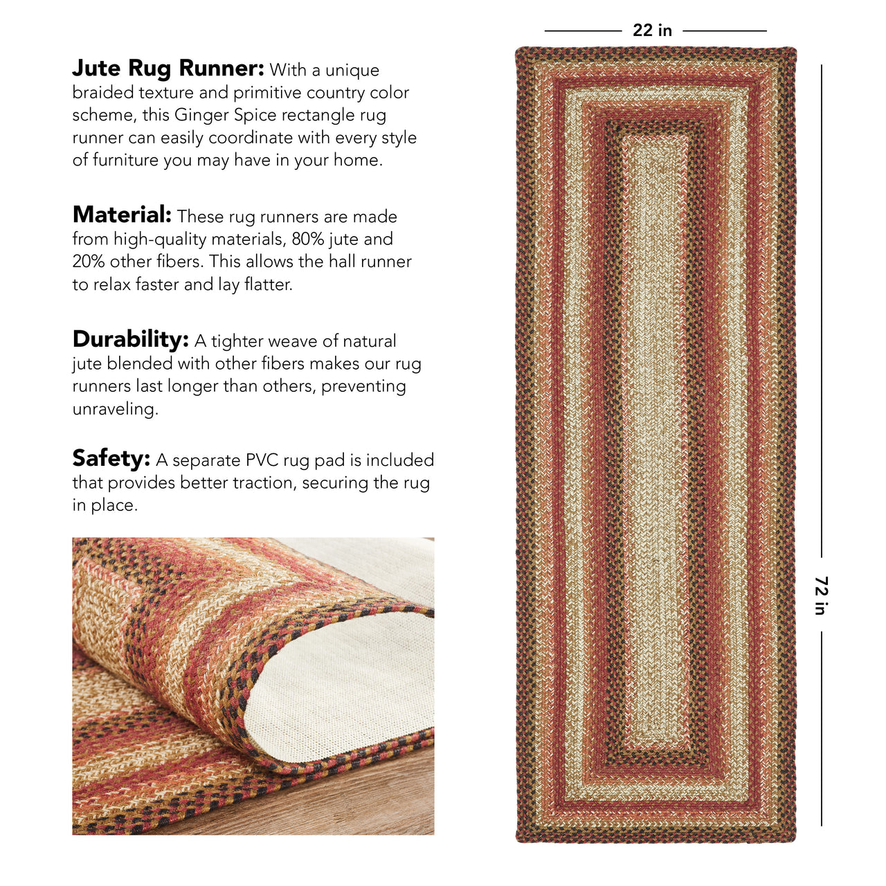 Ginger Spice Jute Braided Rug/Runner Rect with Rug Pad 22"x72" VHC Brands