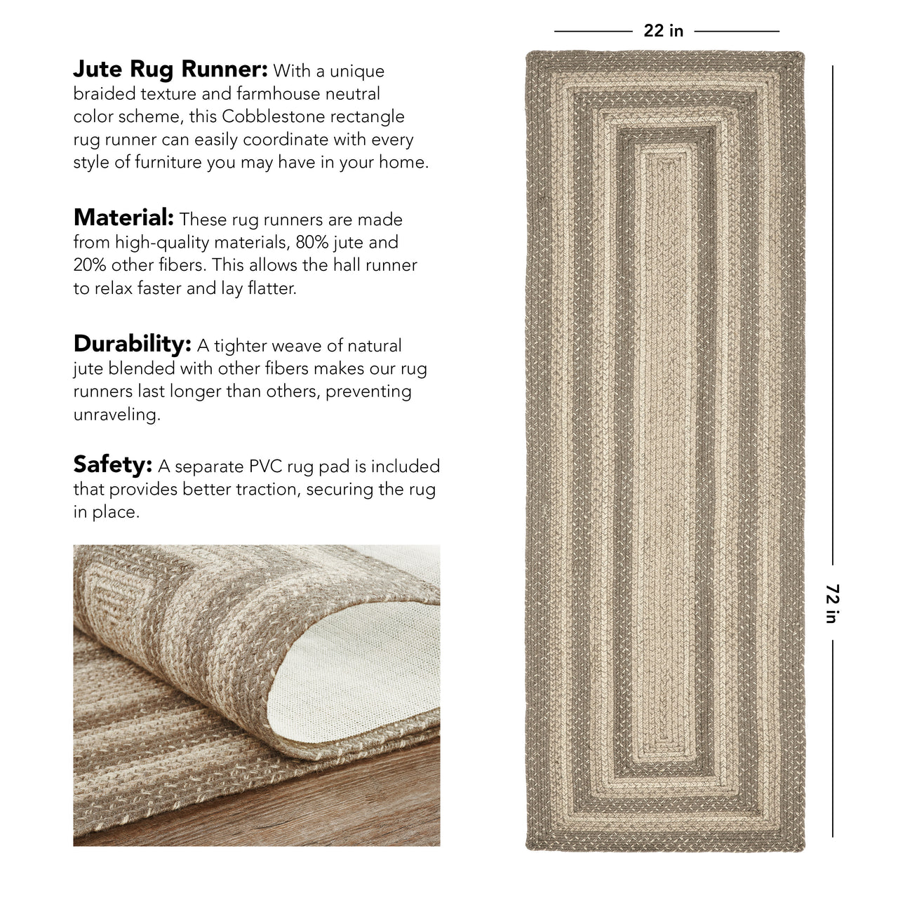 Cobblestone Jute Braided Rug/Runner Rect with Rug Pad 22"x72" VHC Brands - The Fox Decor