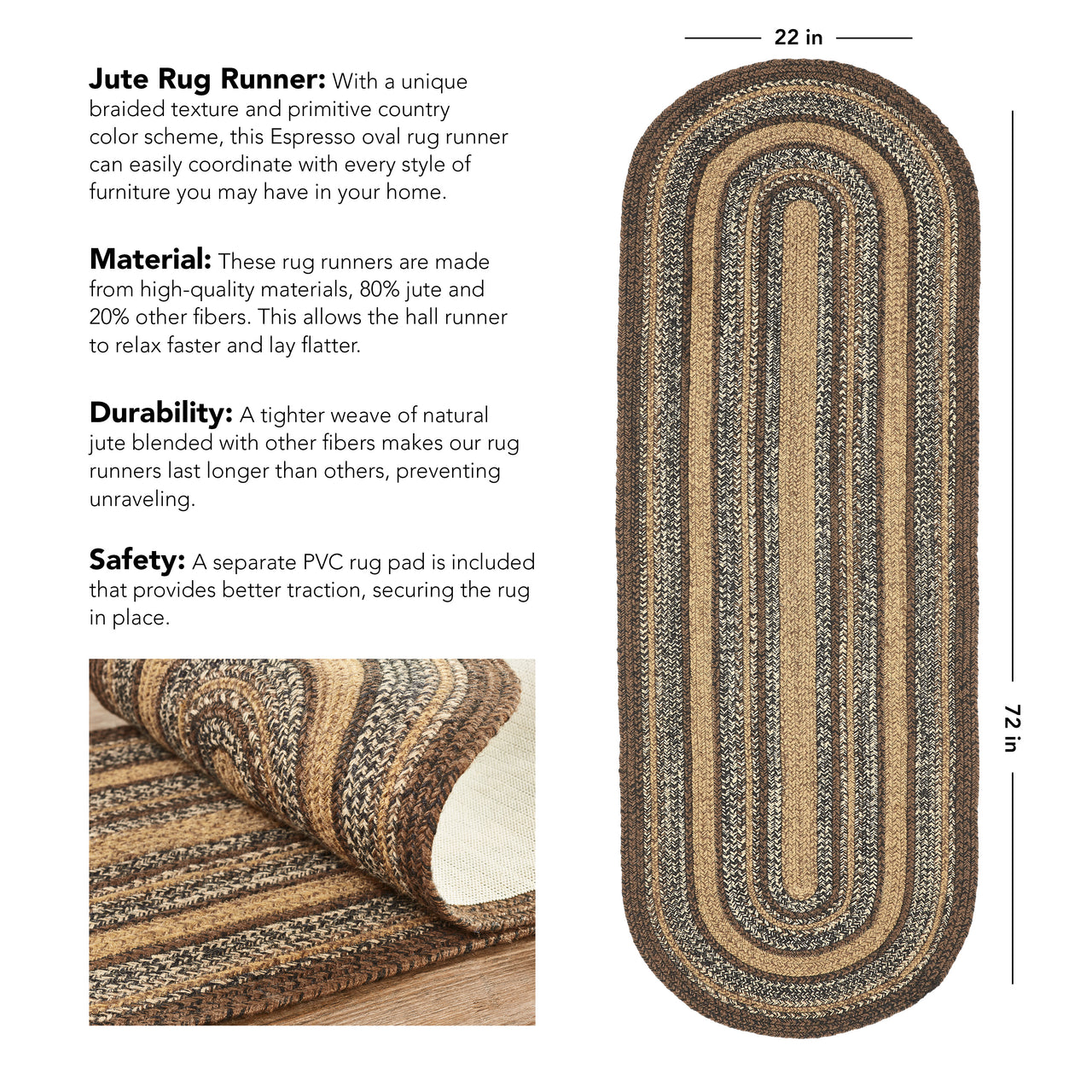 Espresso Jute Braided Rug/Runner Oval with Rug Pad 22"x72" VHC Brands - The Fox Decor