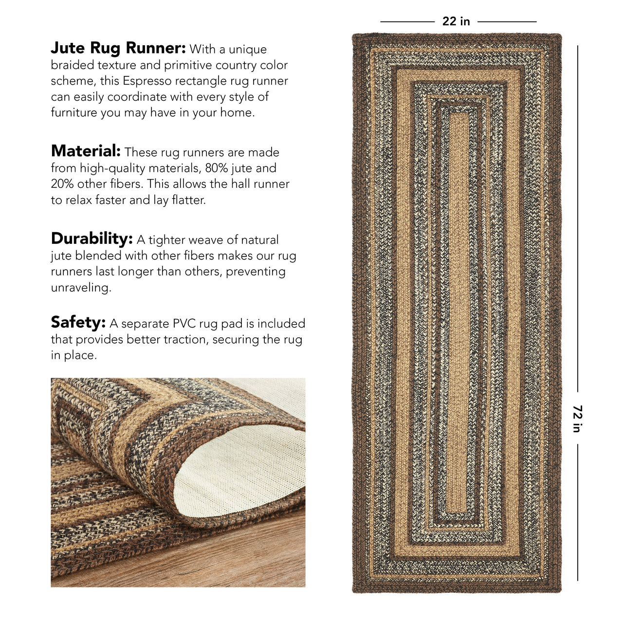 Espresso Jute Braided Rug/Runner Rect with Rug Pad 22"x72" VHC Brands - The Fox Decor