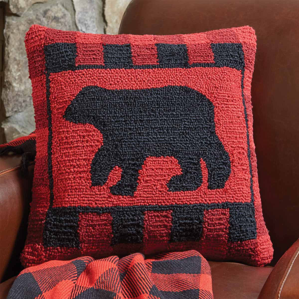 Buffalo Check Bear Hooked Pillow Polyester Fill 18"x18" - Park Designs