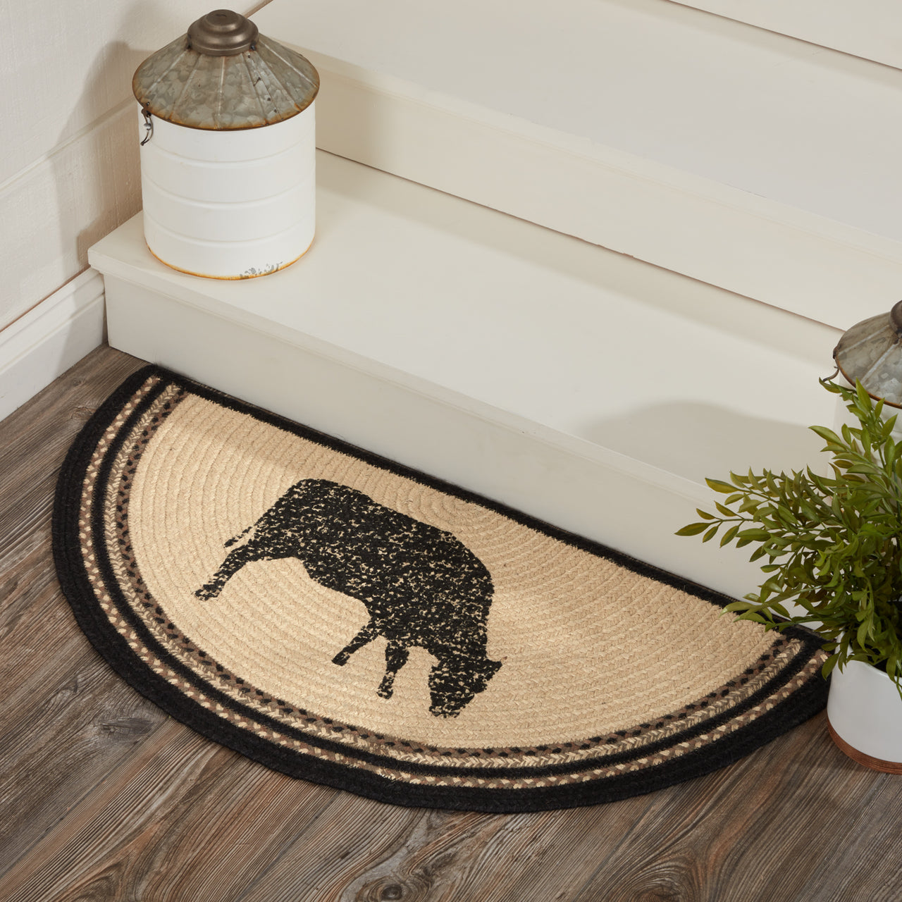Sawyer Mill Charcoal Cow Jute Braided Rug Half Circle 16.5"x33" with Rug Pad VHC Brands