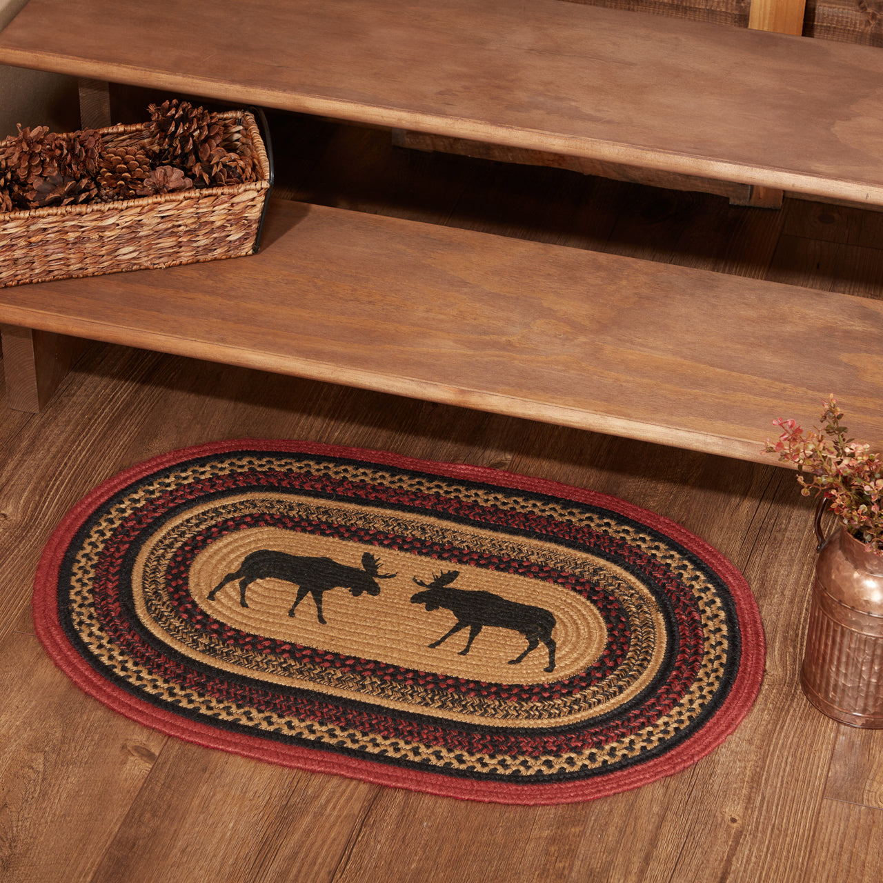 Cumberland Stenciled Moose Jute Braided Rug Oval 20"x30" with Rug Pad VHC Brands