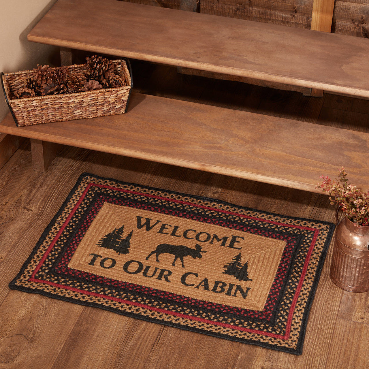 Cumberland Stenciled Moose Jute Braided Rug Rect Welcome to the Cabin 20"x30" with Rug Pad VHC Brands