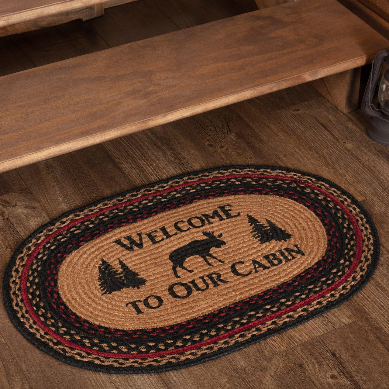 Cumberland Stenciled Moose Jute Braided Rug Oval Welcome to the Cabin 20"x30" with Rug Pad VHC Brands - The Fox Decor