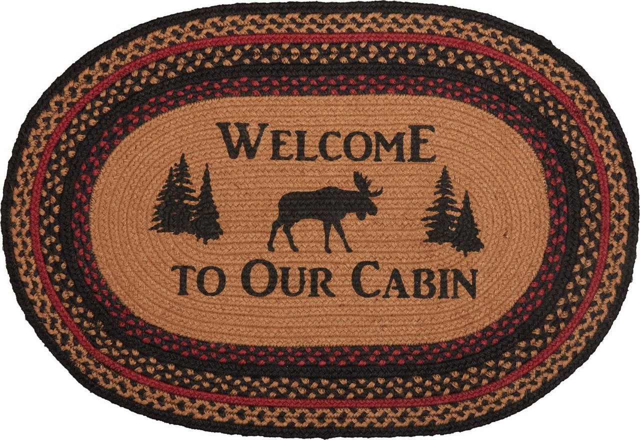 Cumberland Stenciled Moose Jute Braided Rug Oval Welcome to the Cabin 20"x30" with Rug Pad VHC Brands - The Fox Decor