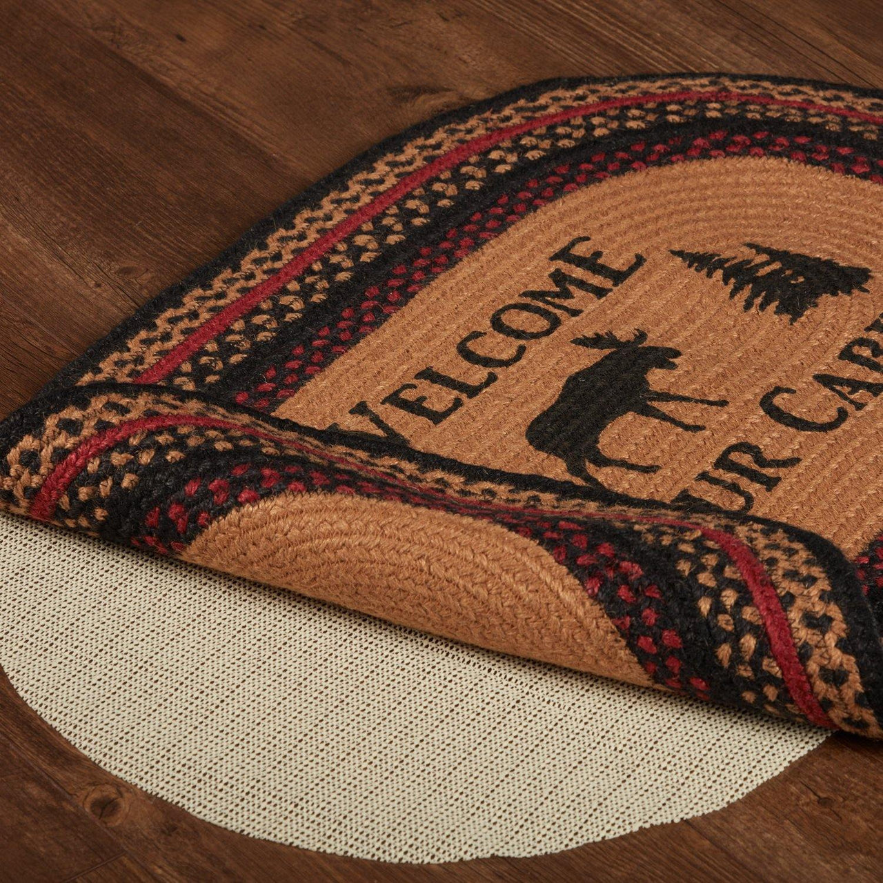 Cumberland Stenciled Moose Jute Braided Rug Oval Welcome to the Cabin 20"x30" with Rug Pad VHC Brands - The Fox Decor