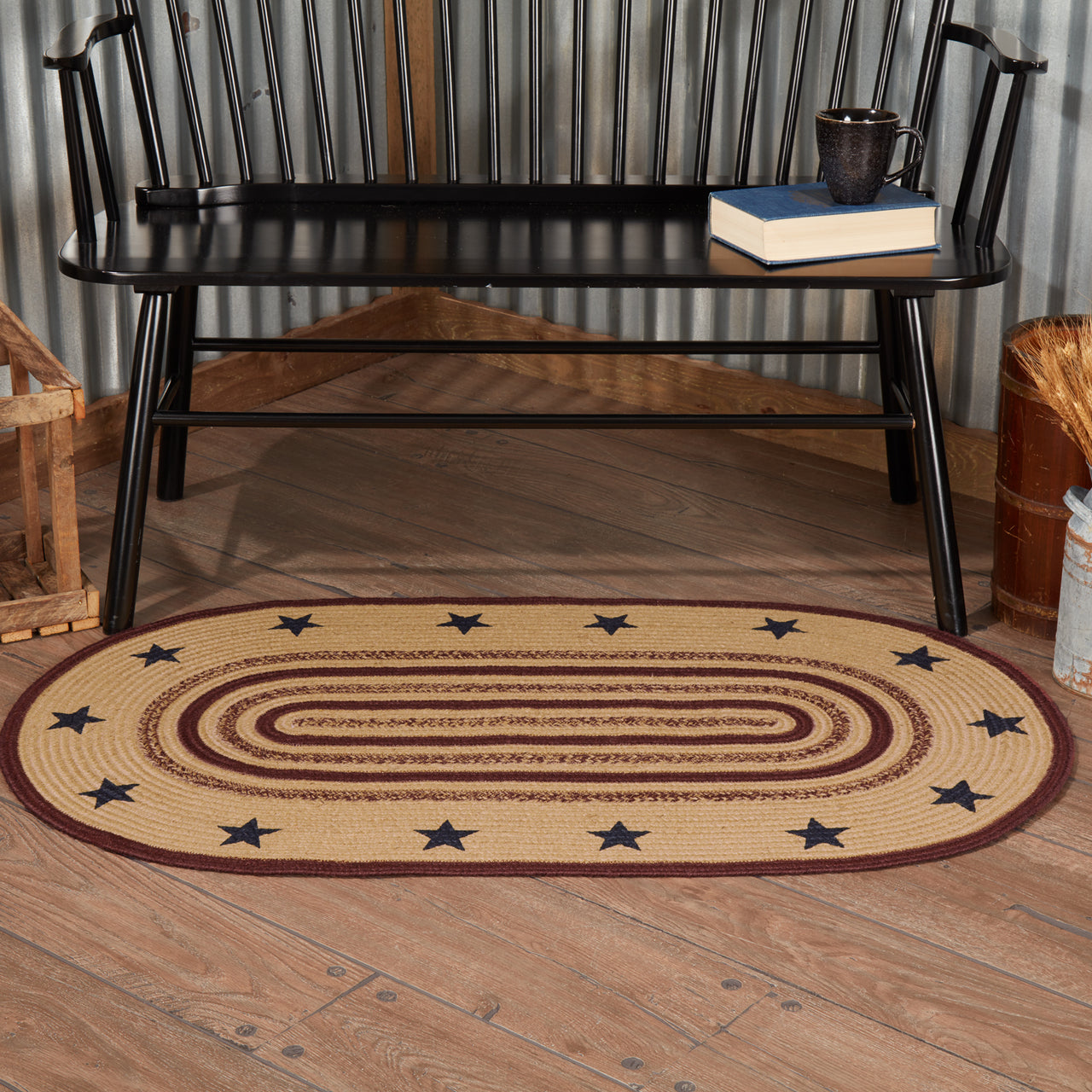 Potomac Jute Braided Rug Oval Stencil Stars 27"x48" with Rug Pad VHC Brands