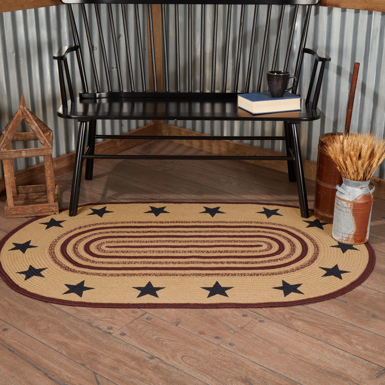Potomac Jute Braided Rug Oval Stencil Stars 3'x5' with Rug Pad VHC Brands