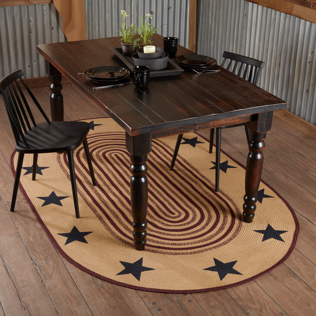 Potomac Jute Braided Rug Oval Stencil Stars 5'x8' with Rug Pad VHC Brands