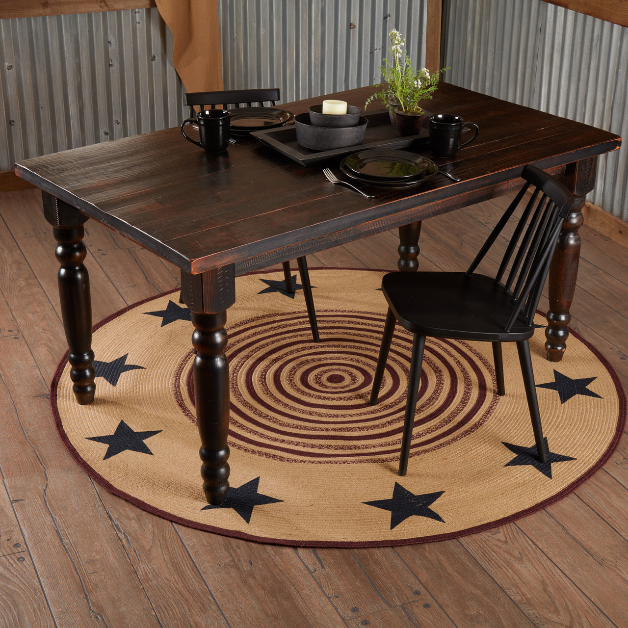 Potomac Jute Braided Rug Round Stencil Stars 6ft with Rug Pad VHC Brands