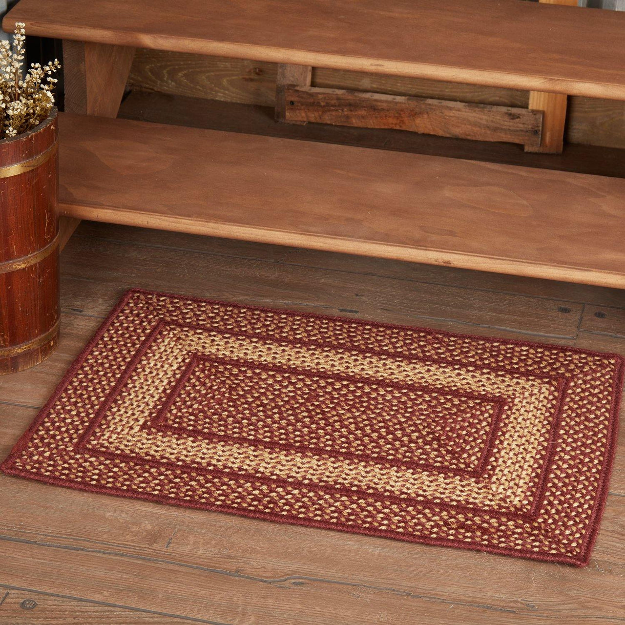 Burgundy Red Primitive Jute Braided Rug Rect 20"x30" with Rug Pad VHC Brands - The Fox Decor