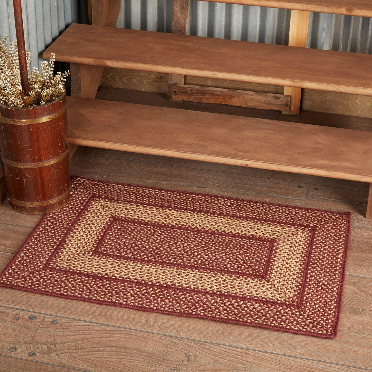 Burgundy Red Primitive Jute Braided Rug Rect 24"x36" with Rug Pad VHC Brands - The Fox Decor