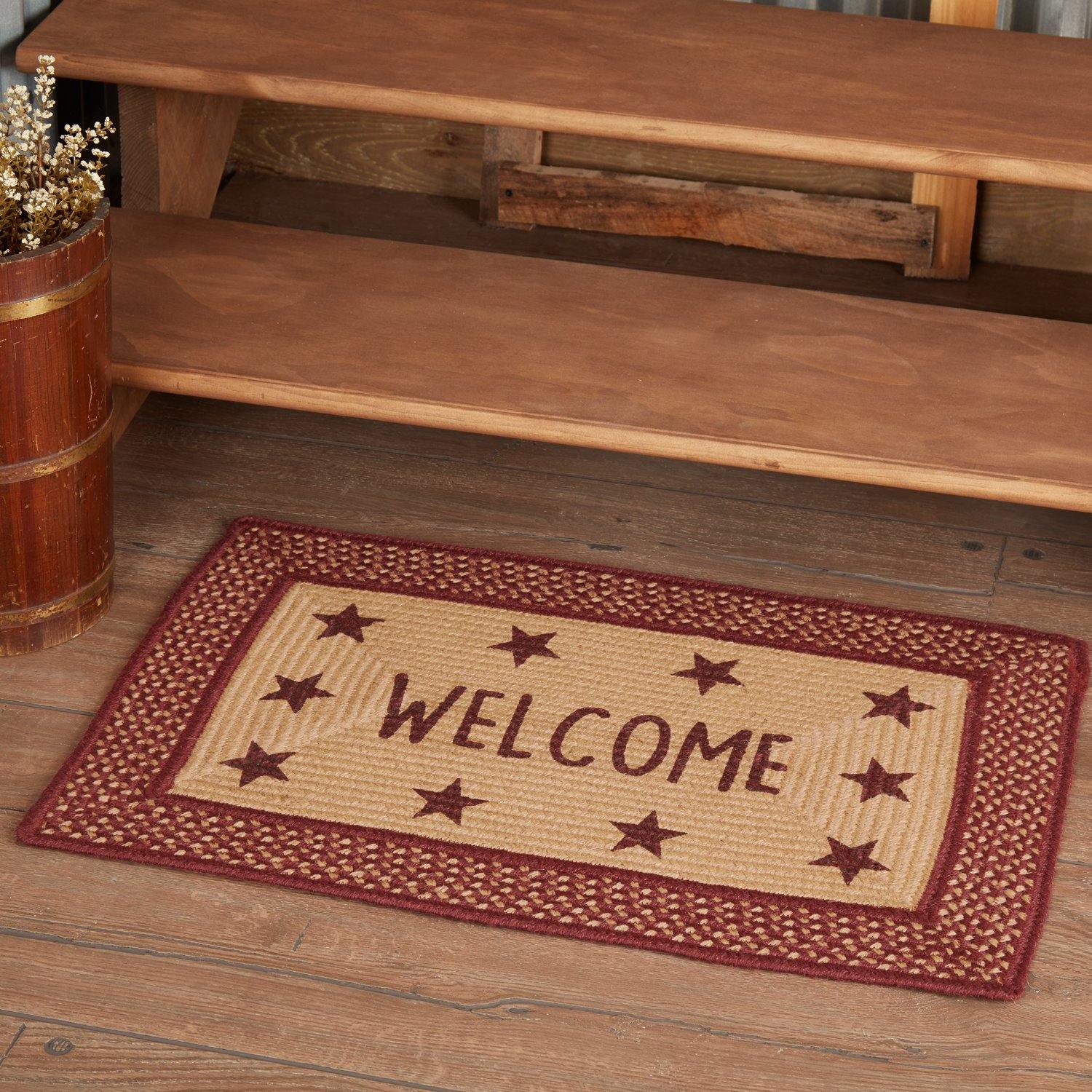 Burgundy Red Primitive Jute Braided Rug Rect Stencil Stars Welcome 20 ...