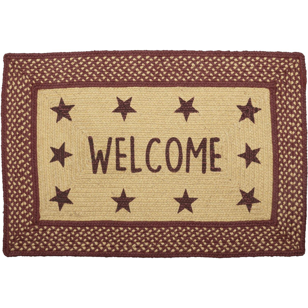 Burgundy Red Primitive Jute Braided Rug Rect Stencil Stars Welcome 20"x30" with Rug Pad VHC Brands - The Fox Decor