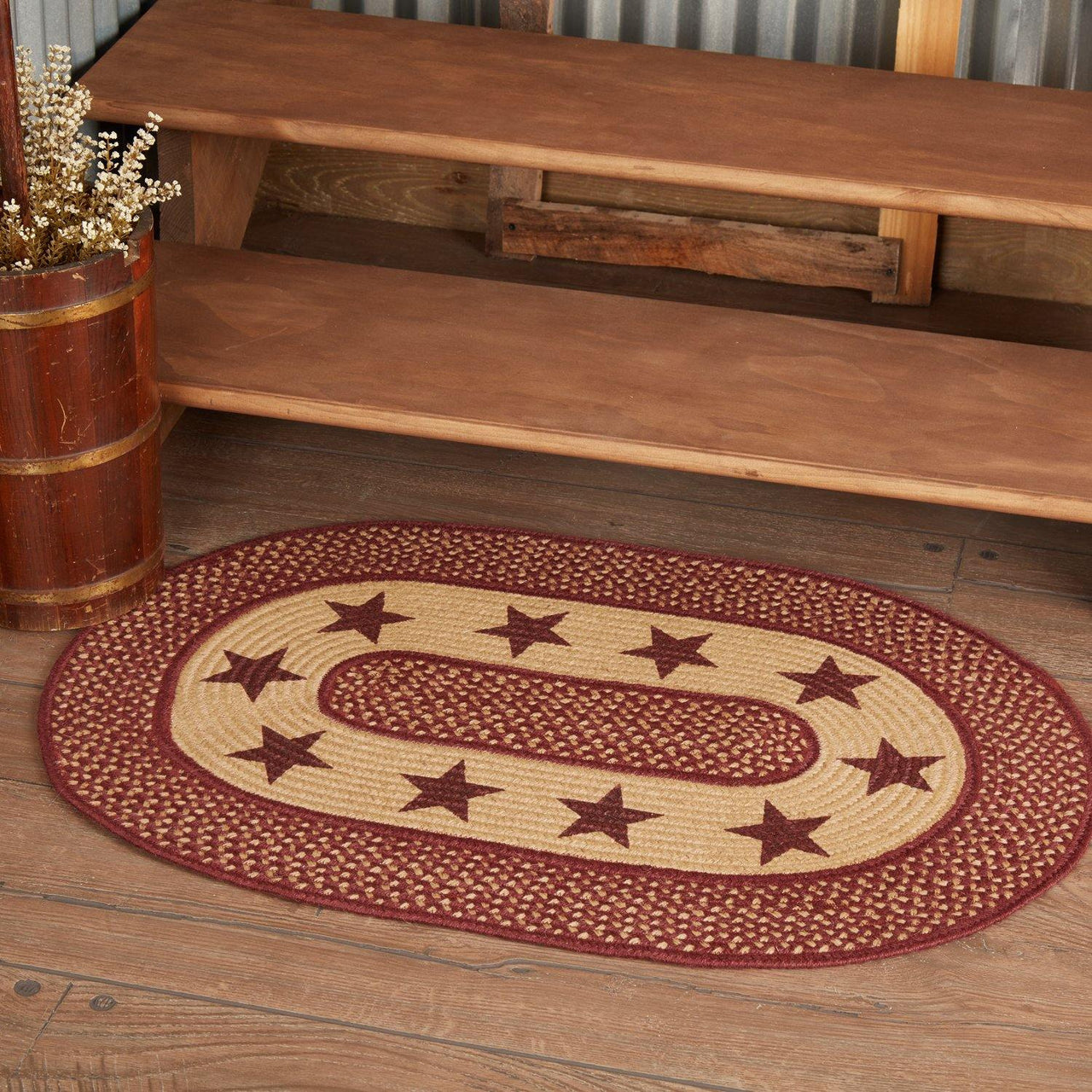 Burgundy Red Primitive Jute Braided Rug Oval Stencil Stars 24"x36" with Rug Pad VHC Brands - The Fox Decor