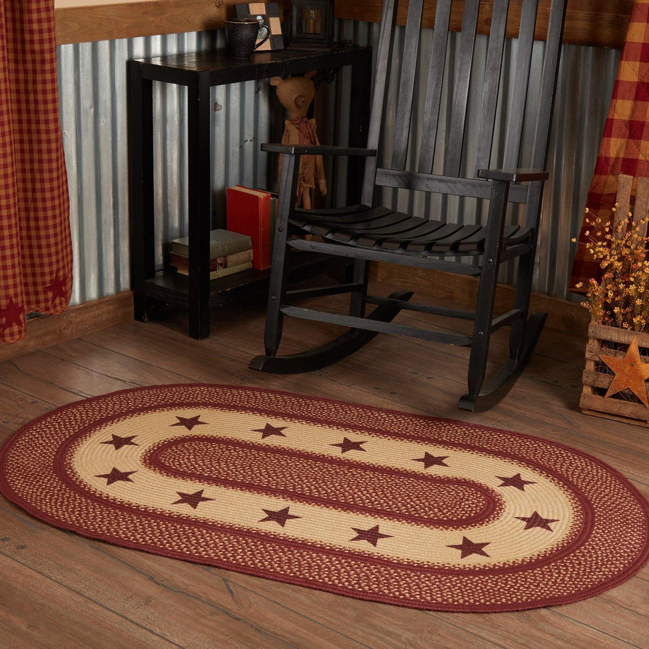 Burgundy Red Primitive Jute Braided Rug Oval Stencil Stars 3'x5' with Rug Pad VHC Brands - The Fox Decor