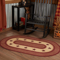 Thumbnail for Burgundy Red Primitive Jute Braided Rug Oval Stencil Stars 3'x5' with Rug Pad VHC Brands - The Fox Decor