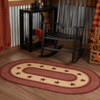 Thumbnail for Burgundy Red Primitive Jute Braided Rug Oval Stencil Stars 3'x5' with Rug Pad VHC Brands - The Fox Decor