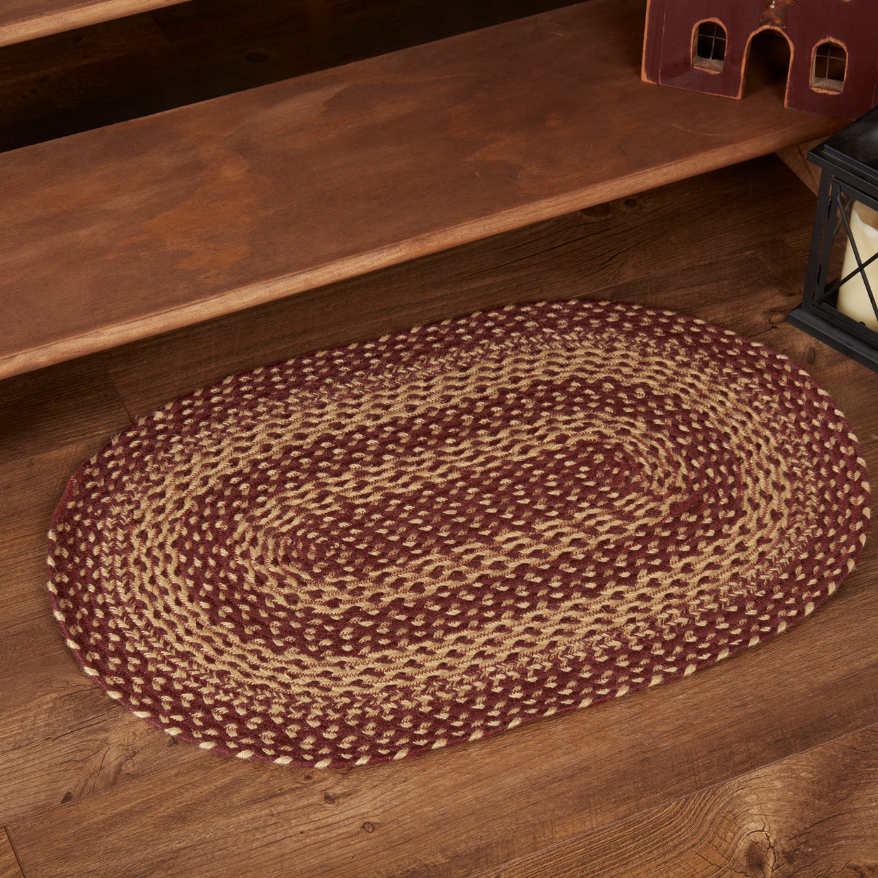 Burgundy Tan Jute Braided Rug Oval 20"x30" with Rug Pad VHC Brands