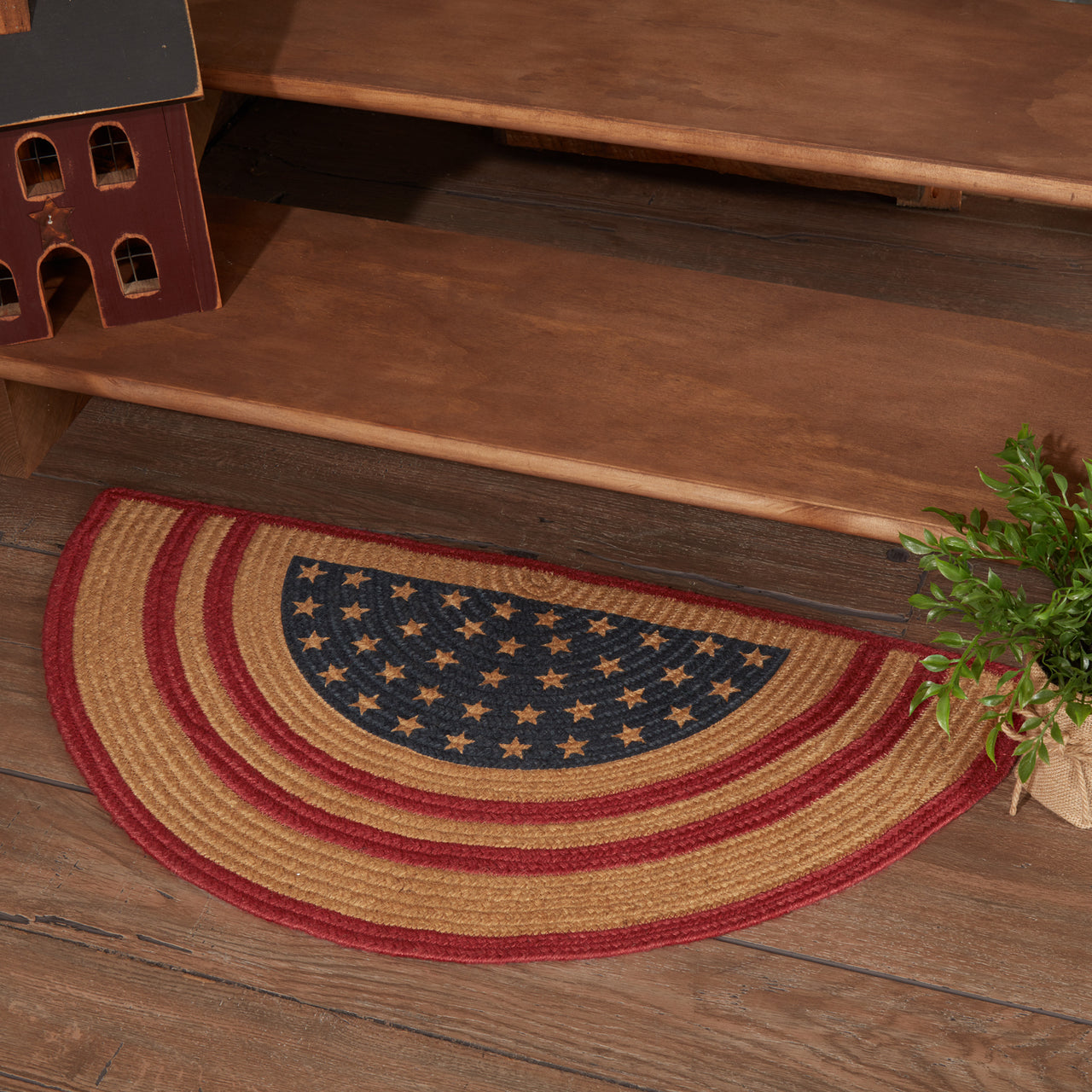 Liberty Stars Flag Jute Braided Rug Half Circle 16.5"x33" with Rug Pad VHC Brands - The Fox Decor