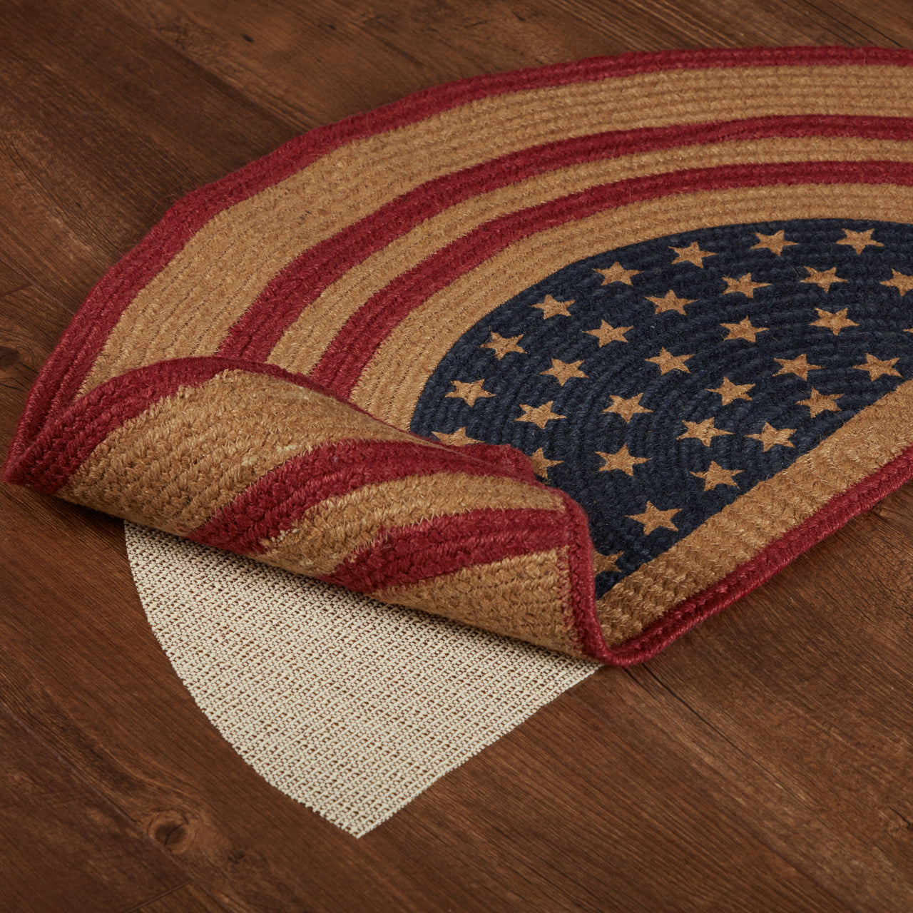 Liberty Stars Flag Jute Braided Rug Half Circle 16.5"x33" with Rug Pad VHC Brands - The Fox Decor