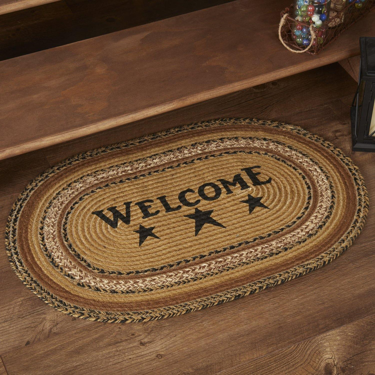 Kettle Grove Jute Rug Oval Stencil Star Welcome 20"x30" with Rug Pad VHC Brands - The Fox Decor
