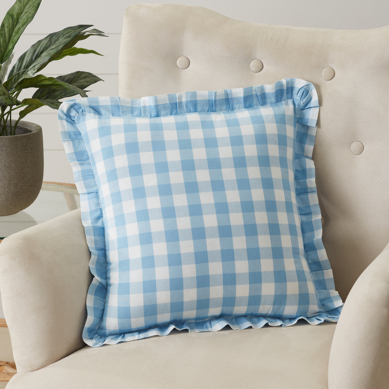 Annie Buffalo Blue Check Ruffled Fabric Pillow 18x18 VHC Brands