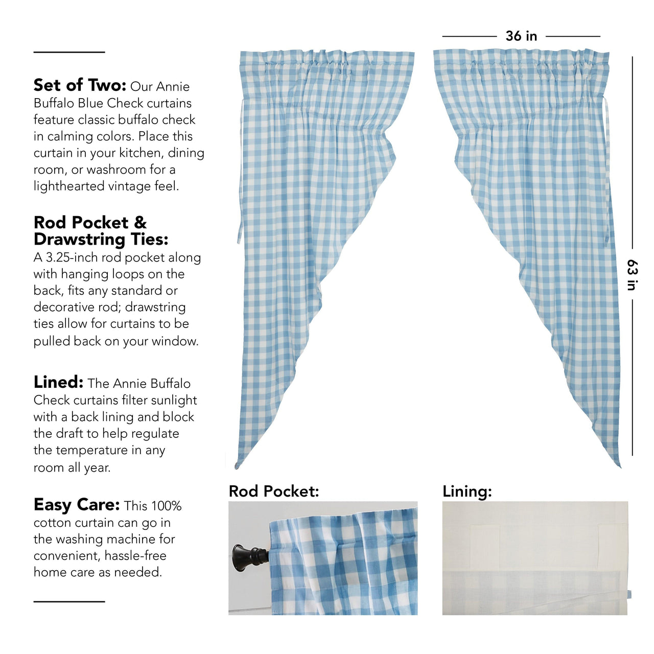 Annie Buffalo Blue Check Prairie Short Panel Set of 2 63x36x18 VHC Brands - The Fox Decor