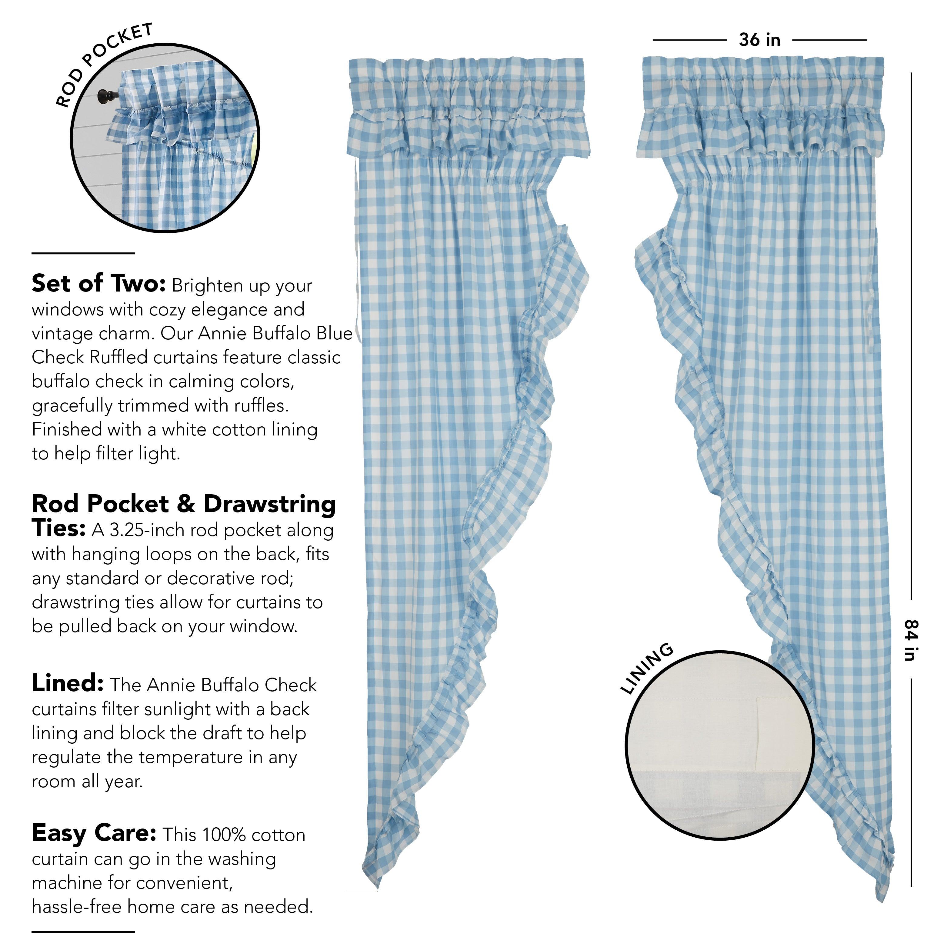 Annie Buffalo Blue Check Ruffled Prairie Long Panel Set of 2 84x36x18 VHC Brands - The Fox Decor