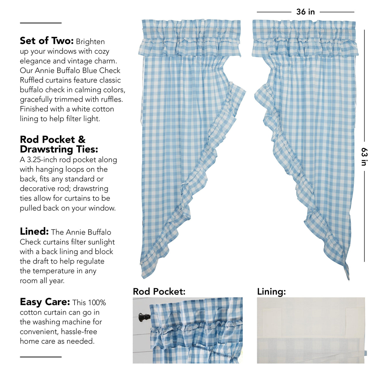 Annie Buffalo Blue Check Ruffled Prairie Short Panel Set of 2 63x36x18 VHC Brands - The Fox Decor