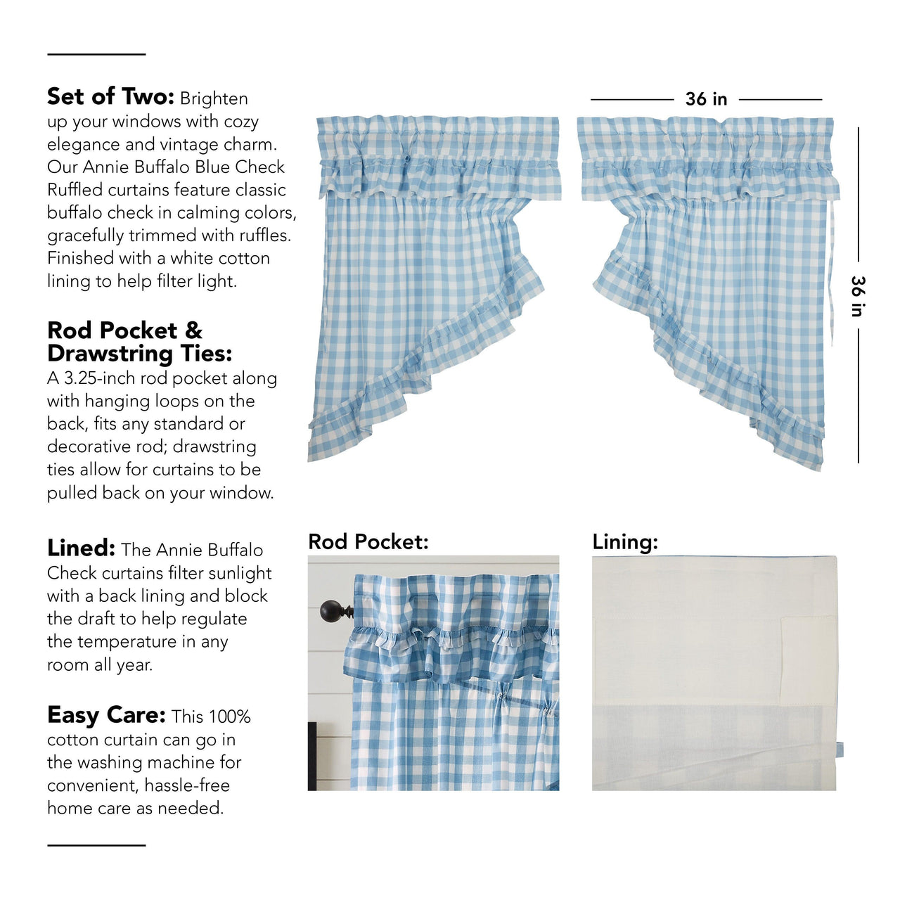 Annie Buffalo Blue Check Ruffled Prairie Swag Set of 2 36x36x18 VHC Brands