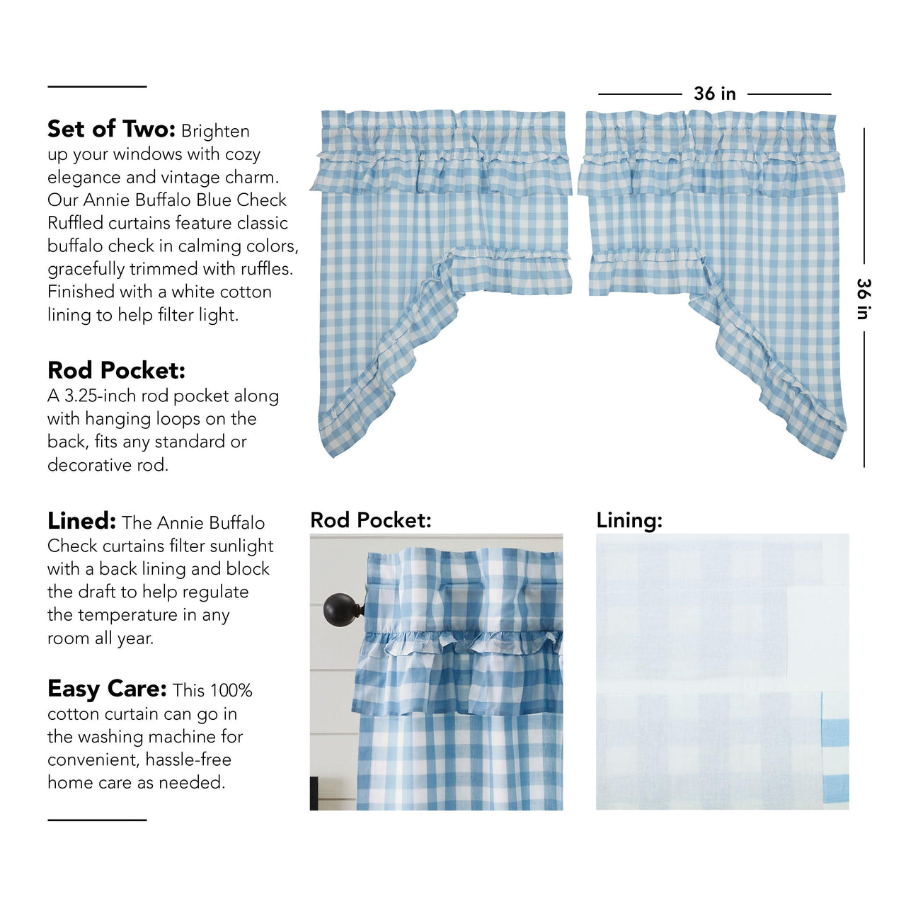 Annie Buffalo Blue Check Ruffled Swag Set of 2 36x36x16 VHC Brands