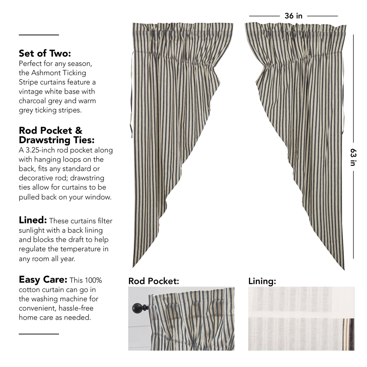 Ashmont Ticking Stripe Prairie Short Panel Set of 2 63x36x18 VHC Brands - The Fox Decor
