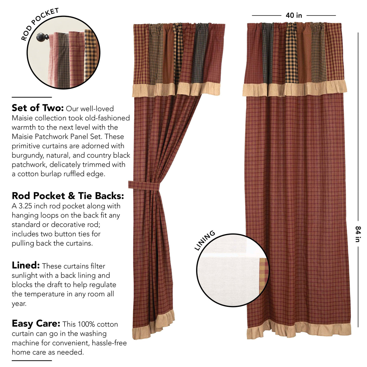 Maisie Panel with Attached Patch Valance Set of 2 84x40 VHC Brands - The Fox Decor