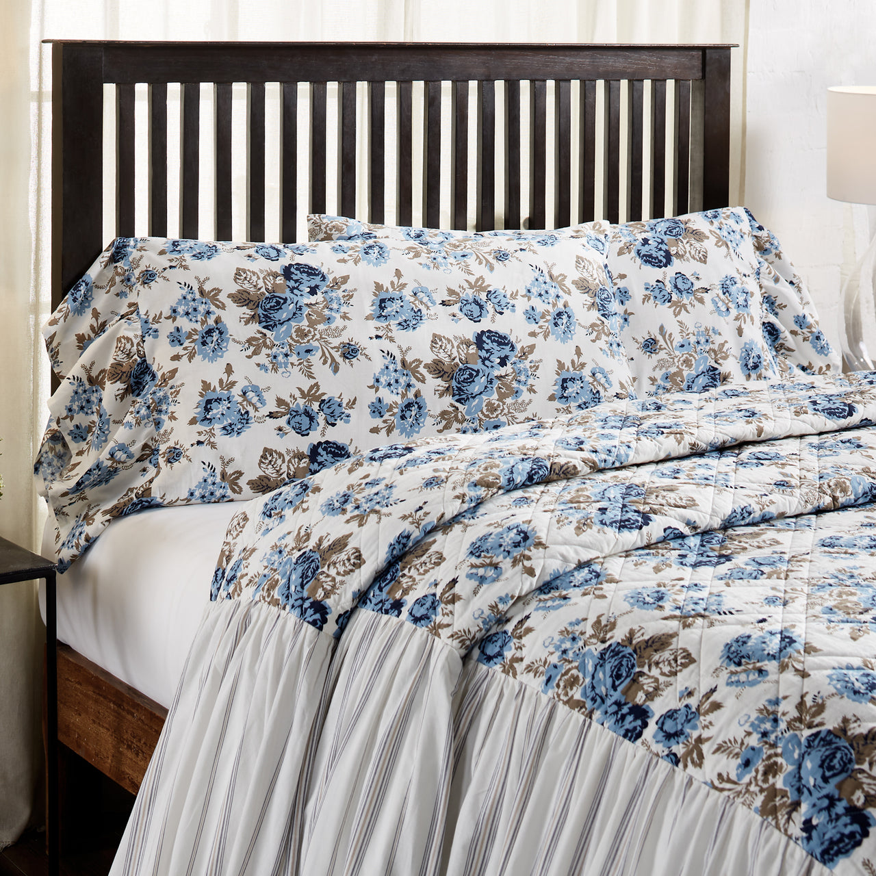 Annie Blue Floral Ruffled King Pillow Case Set of 2 21x36+8 VHC Brands