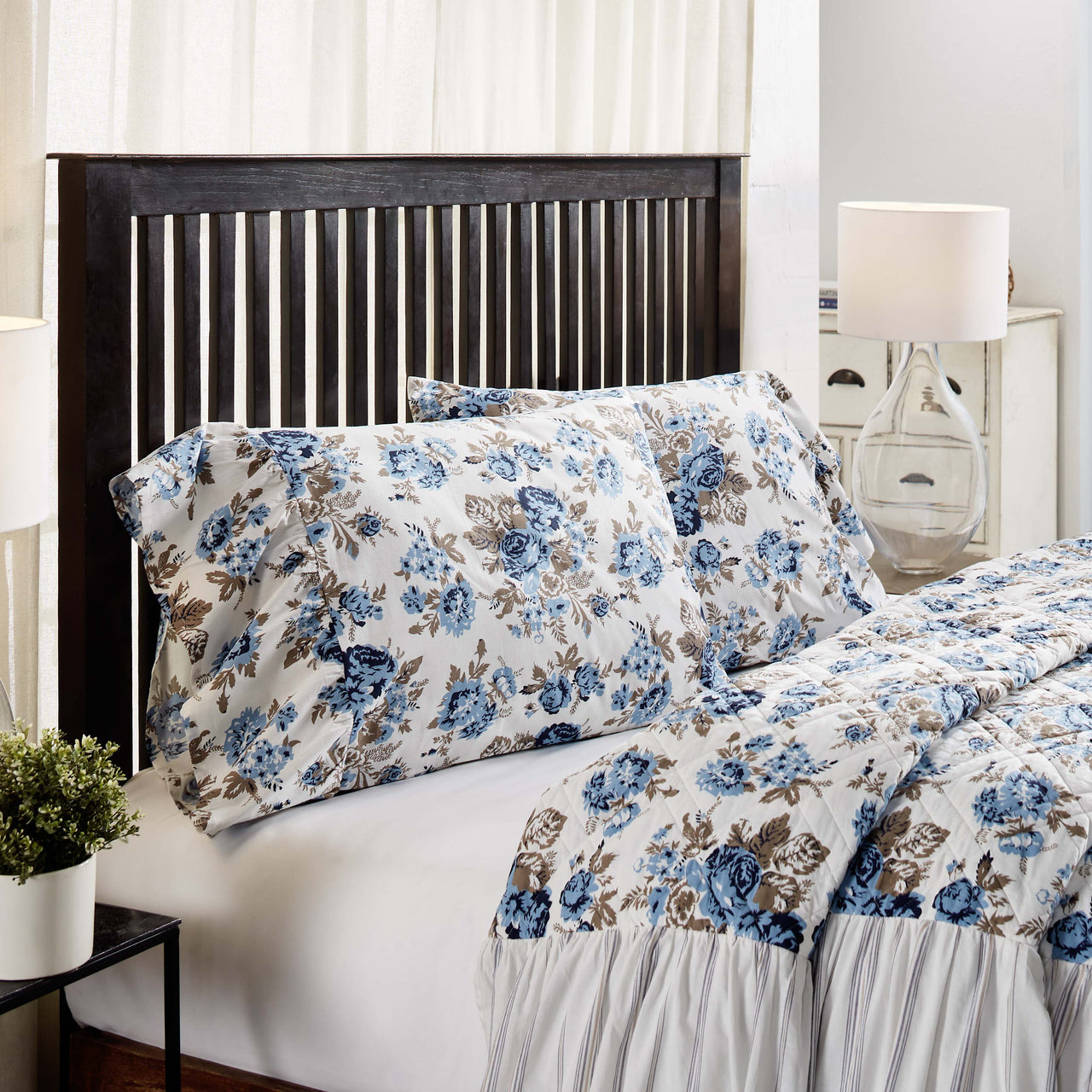 Annie Blue Floral Ruffled Standard Pillow Case Set of 2 21x26+8 VHC Brands