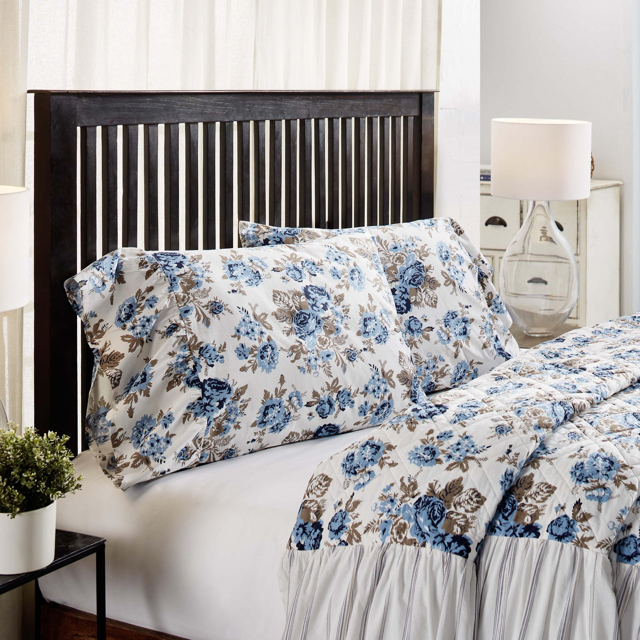 Annie Blue Floral Ruffled Standard Pillow Case Set of 2 21x26+8 VHC Brands - The Fox Decor