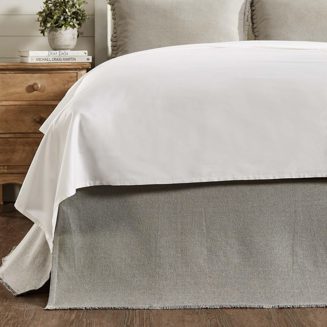 Burlap Dove Grey Fringed Queen Bed Skirt 60x80x16 VHC Brands - The Fox Decor