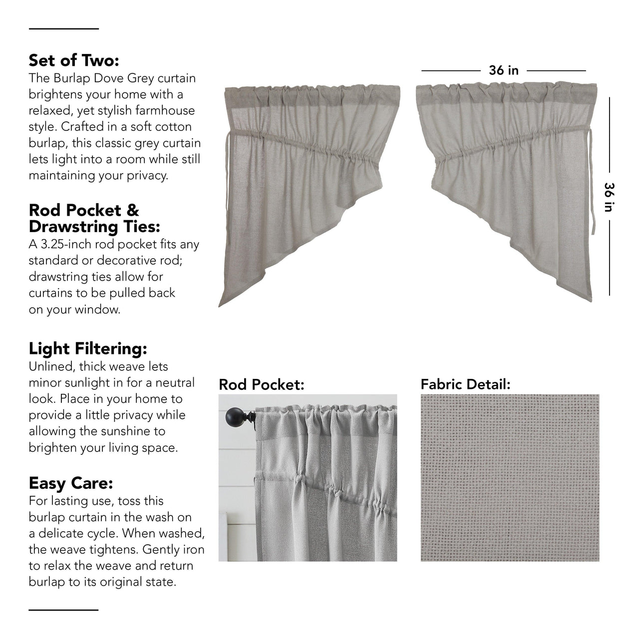 Burlap Dove Grey Prairie Swag Set of 2 36x36x18 VHC Brands - The Fox Decor
