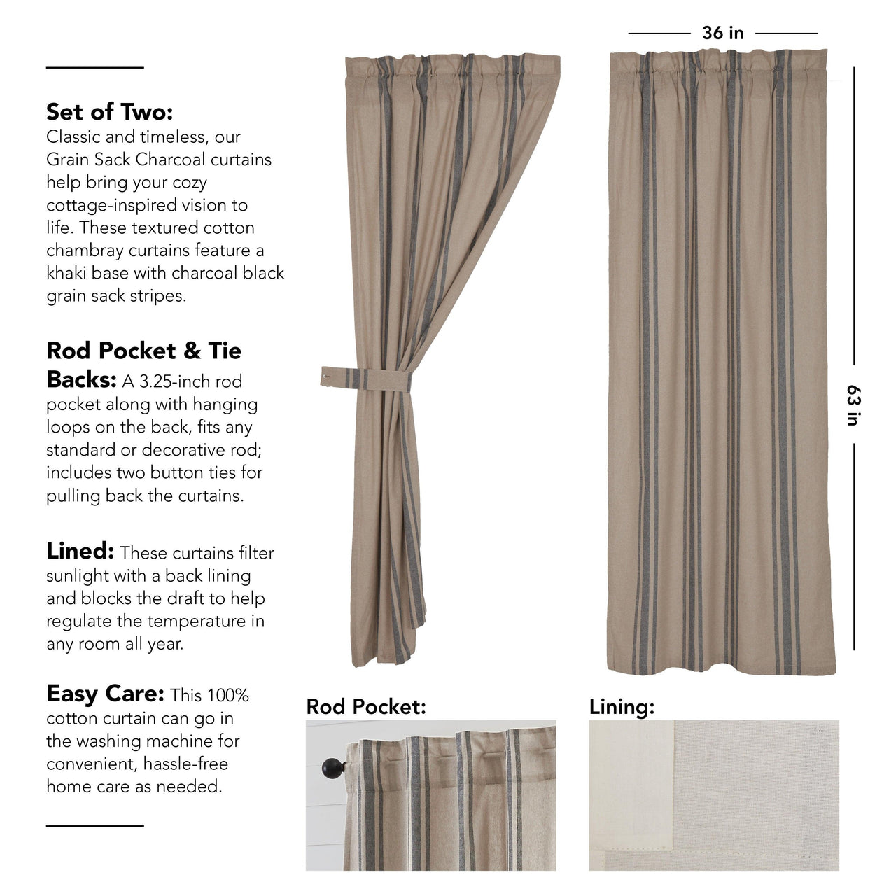 Grain Sack Charcoal Short Panel Set of 2 63x36 VHC Brands - The Fox Decor