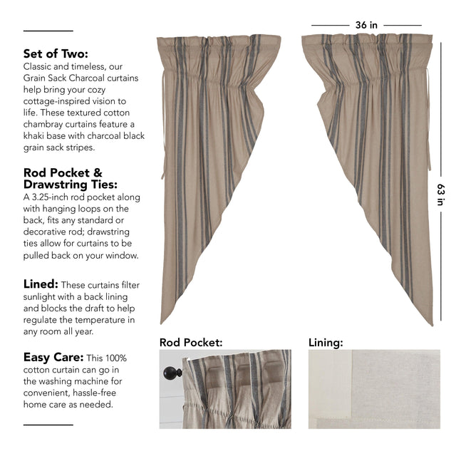 Grain Sack Charcoal Prairie Short Panel Set of 2 63x36x18 VHC Brands - The Fox Decor