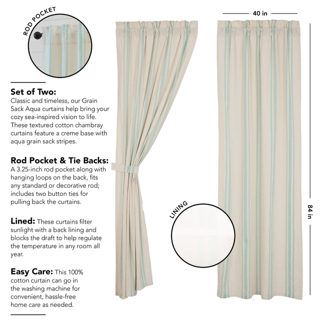 Grain Sack Aqua Panel Set of 2 84x40 VHC Brands - The Fox Decor