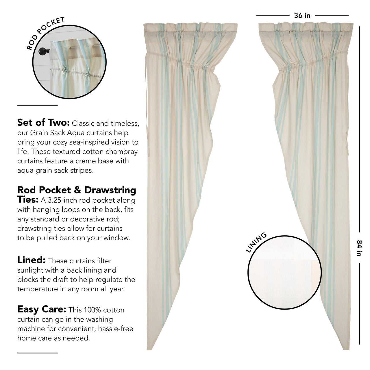 Grain Sack Aqua Prairie Long Panel Set of 2 84x36x18 VHC Brands - The Fox Decor