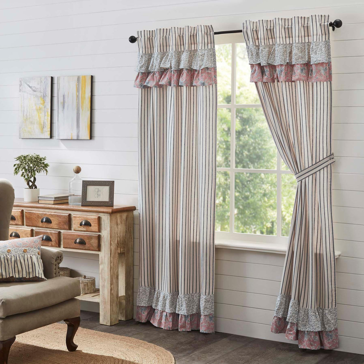 Kaila Ticking Blue Ruffled Panel Set of 2 84x40 VHC Brands - The Fox Decor