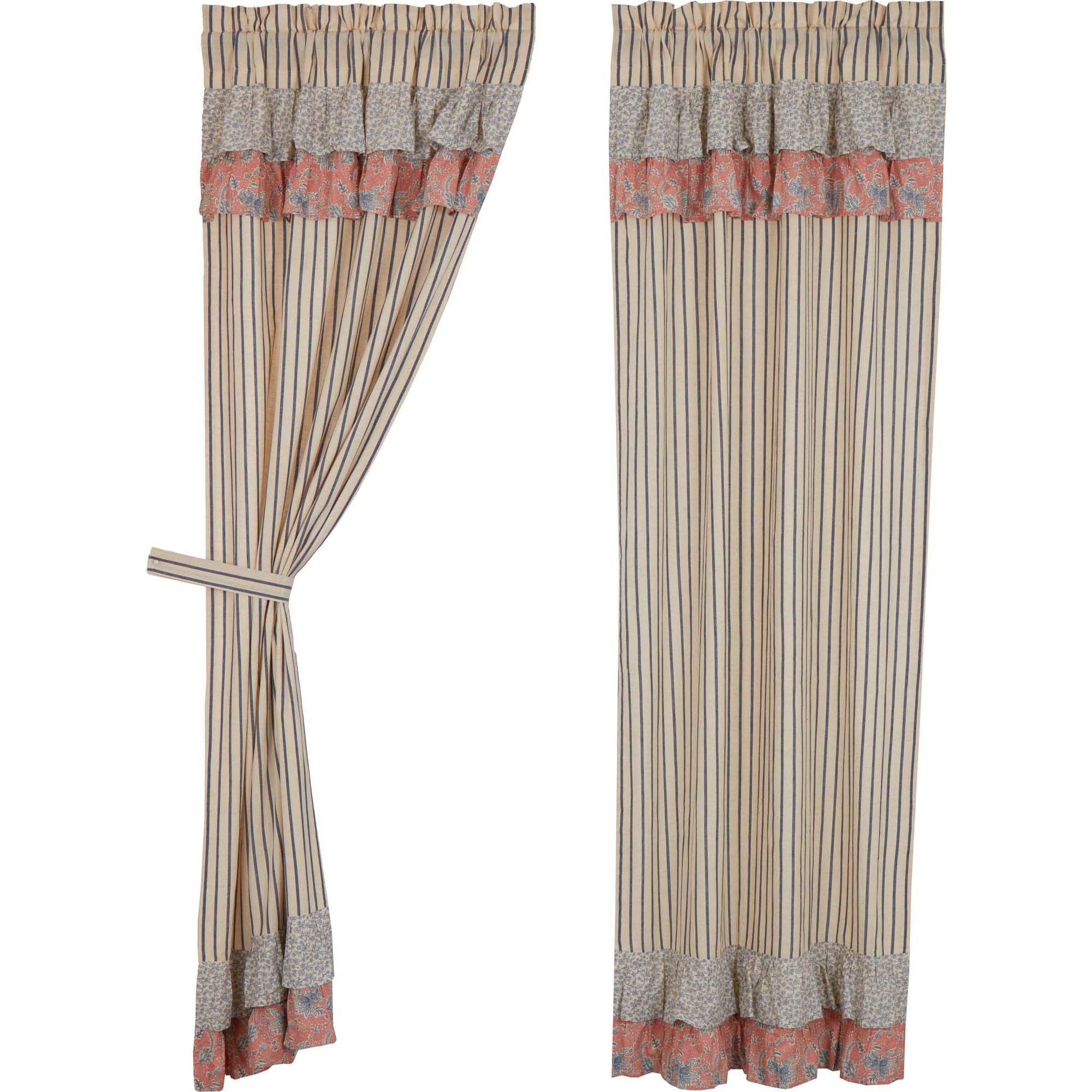 Kaila Ticking Blue Ruffled Panel Set of 2 84x40 VHC Brands - The Fox Decor